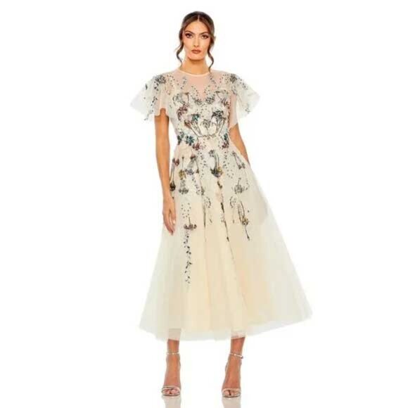 Mac Duggal 20510 Nude Flutter Sleeve High Neck Embellished Floral Dress Sz 6 - Picture 1 of 5